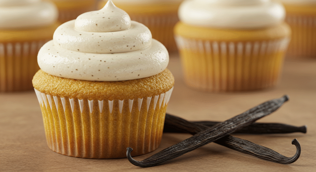 A close-up of a vanilla bean cupcake with visible vanilla bean specks, perhaps with a vanilla bean pod next to it.